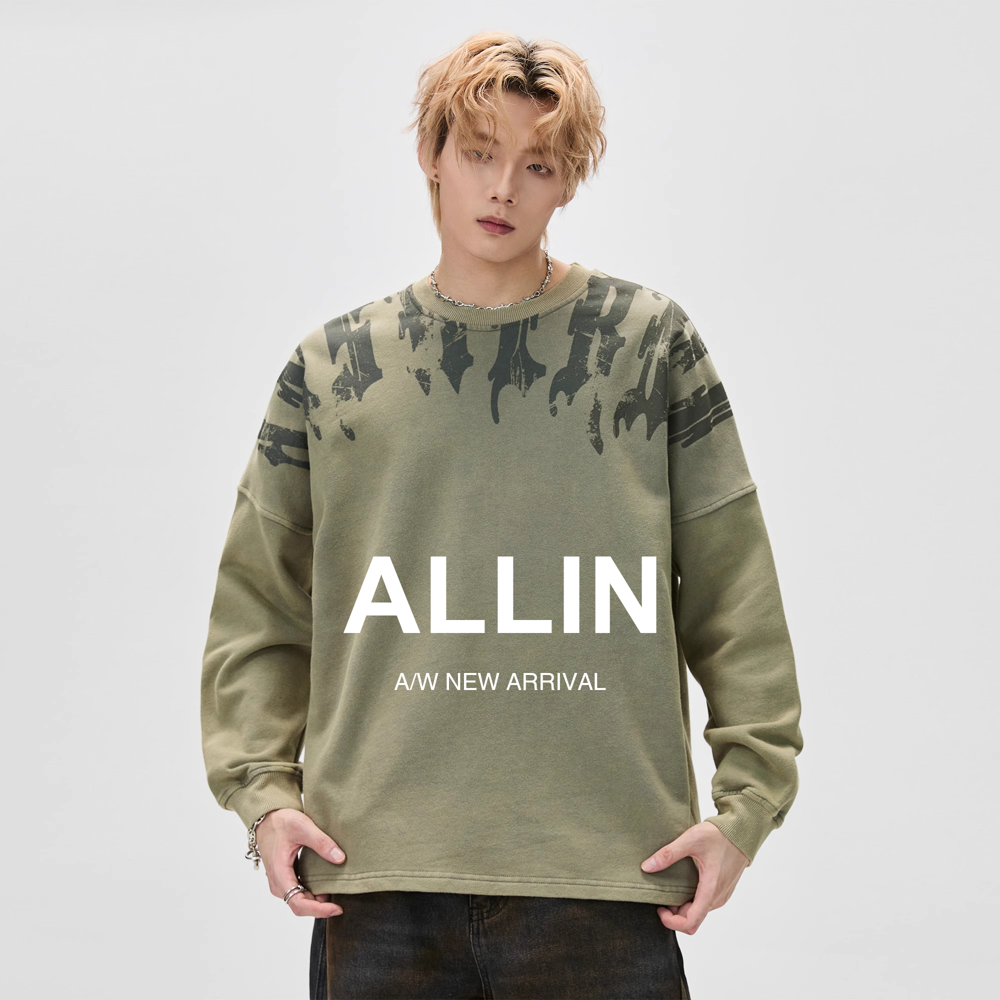 ALLIN 纯棉重磅卫衣男2025秋季新款美式高街圆领宽松休闲情侣外套