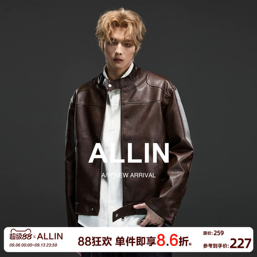 ALLIN 短款宽松立领机车皮衣外套男春秋情侣休闲飞行防风PU皮夹克