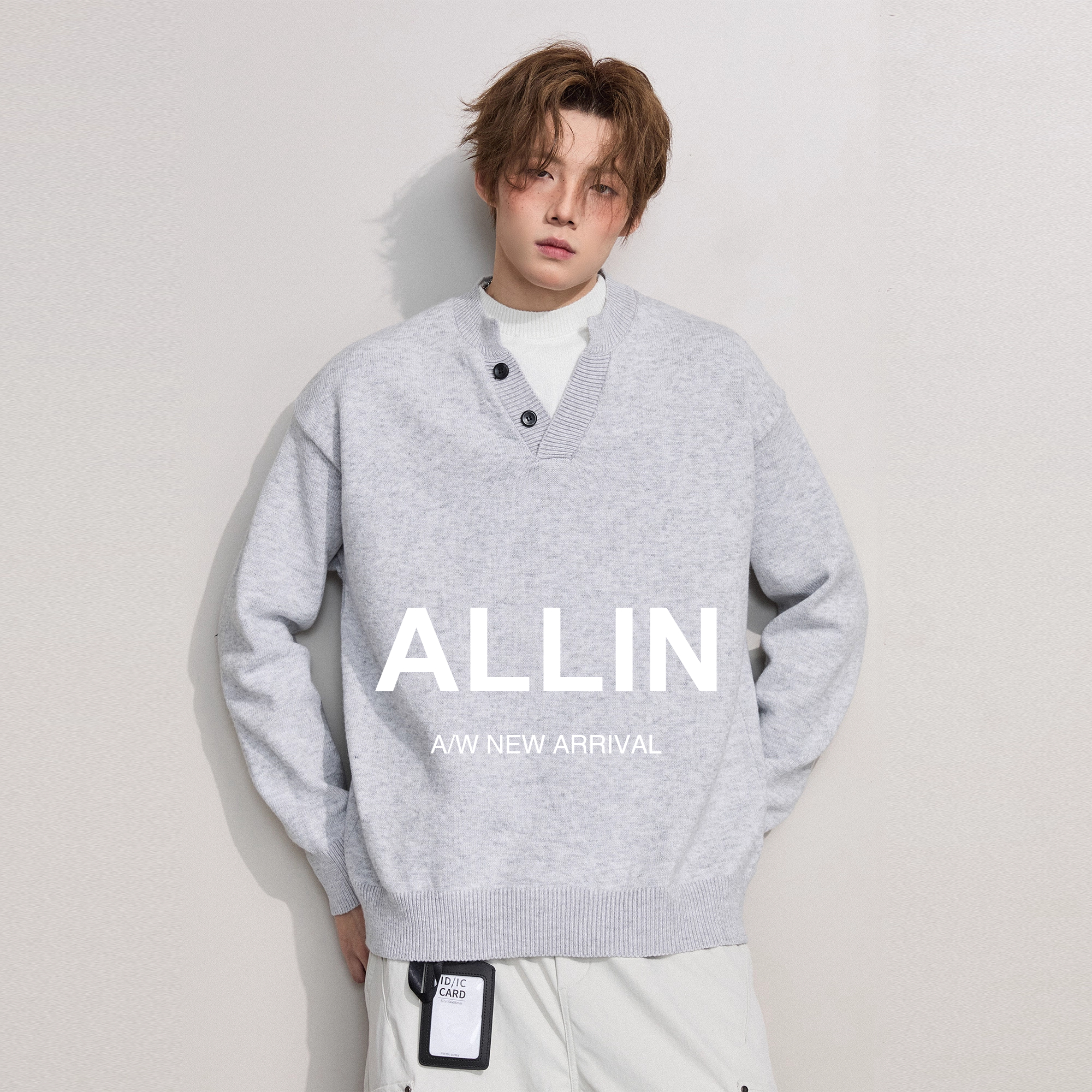 ALLIN 美式假两件毛衣男秋冬情侣潮牌慵懒风松弛感V领针织衫外套