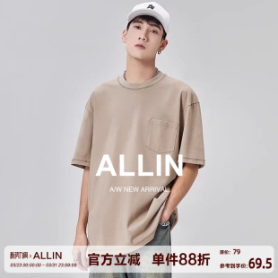 纯棉230G黑色口袋宽松上衣 t恤男生夏季 ALLIN 高克重磅精梳棉短袖