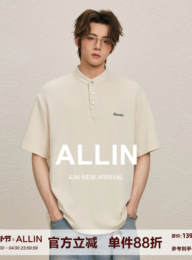 ALLIN 男士半开领三粒扣短袖 T 恤潮牌简约刺绣宽松百搭休闲上衣