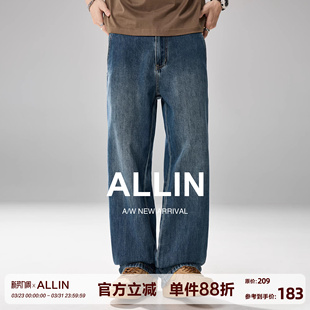 复古宽松直筒阔腿长裤 男春秋美式 子 莱赛尔棉混纺水洗牛仔裤 ALLIN