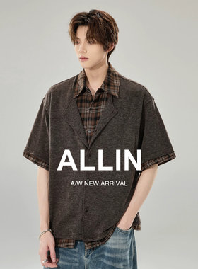 ALLIN 假两件仿兔毛针织短袖衬衫男女夏季透气格子纹翻领拼接衬衣