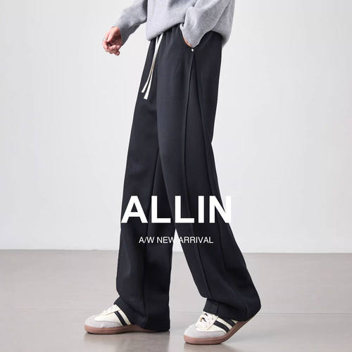 ALLIN 黑色弯刀休闲裤男秋冬美式潮牌宽松直筒卫裤运动阔腿长裤子