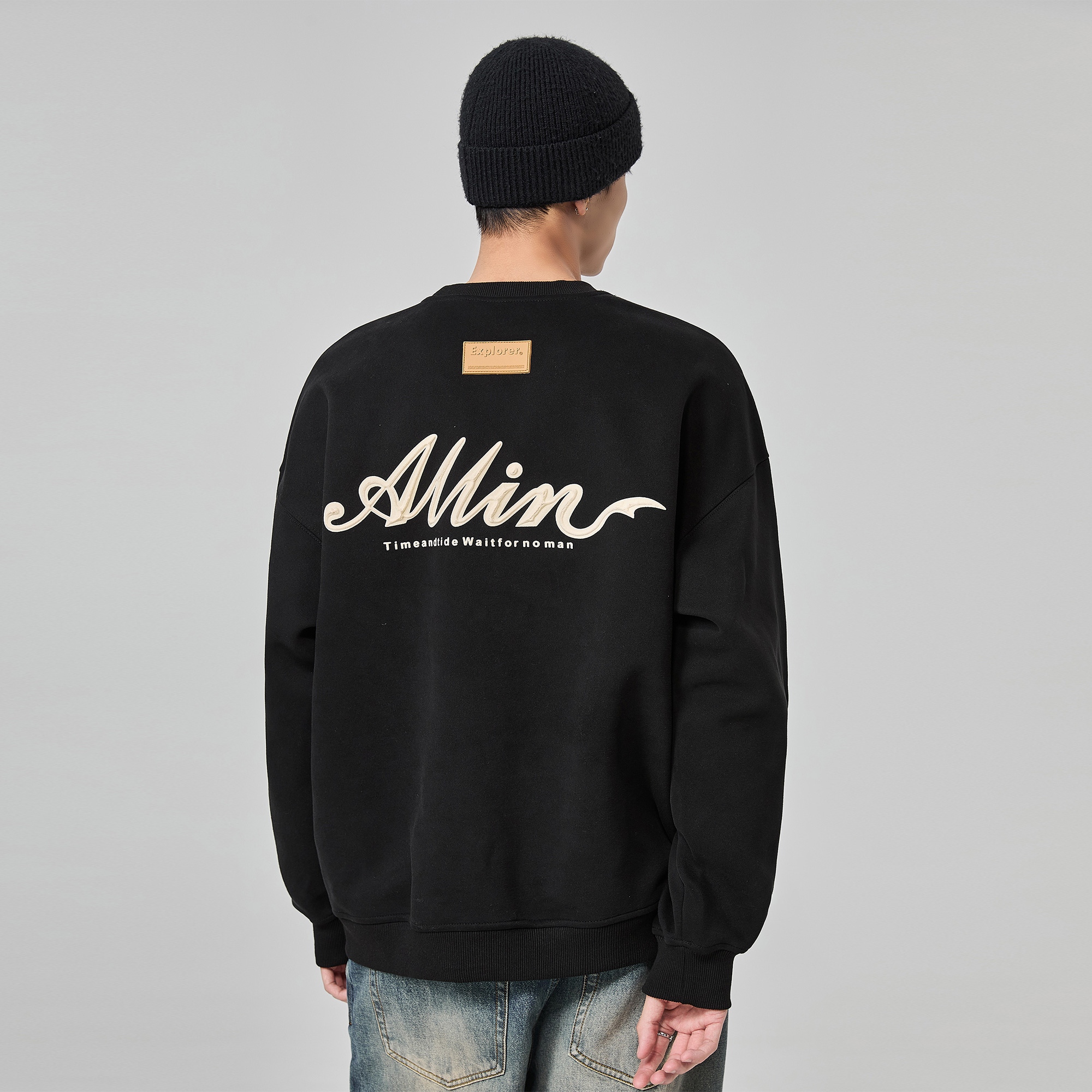 ALLIN 黑色重磅卫衣男春秋字母印花无帽圆领打底情侣美式潮牌上衣
