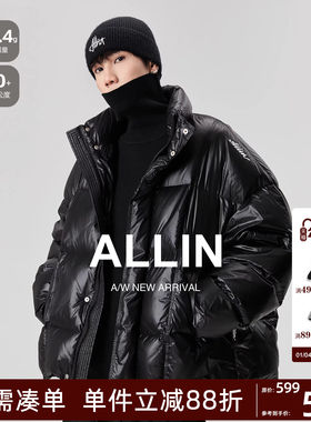 ALLIN 黑色鸭绒羽绒服男冬季加厚保暖面包服字母刺绣立领短款外套