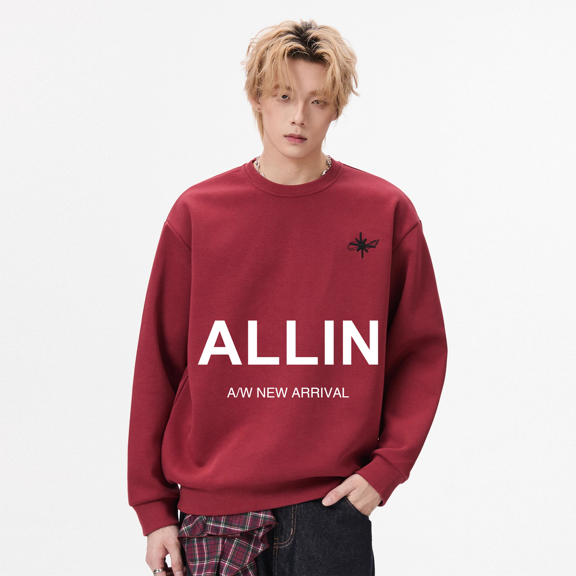 ALLIN 酒红色刺绣卫衣男秋季落肩袖宽松情侣上衣美式潮牌重磅外套