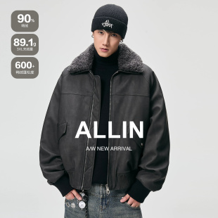 ALLIN 可拆卸毛领羽绒服男冬季防风保暖PU皮衣机车服情侣夹克外套
