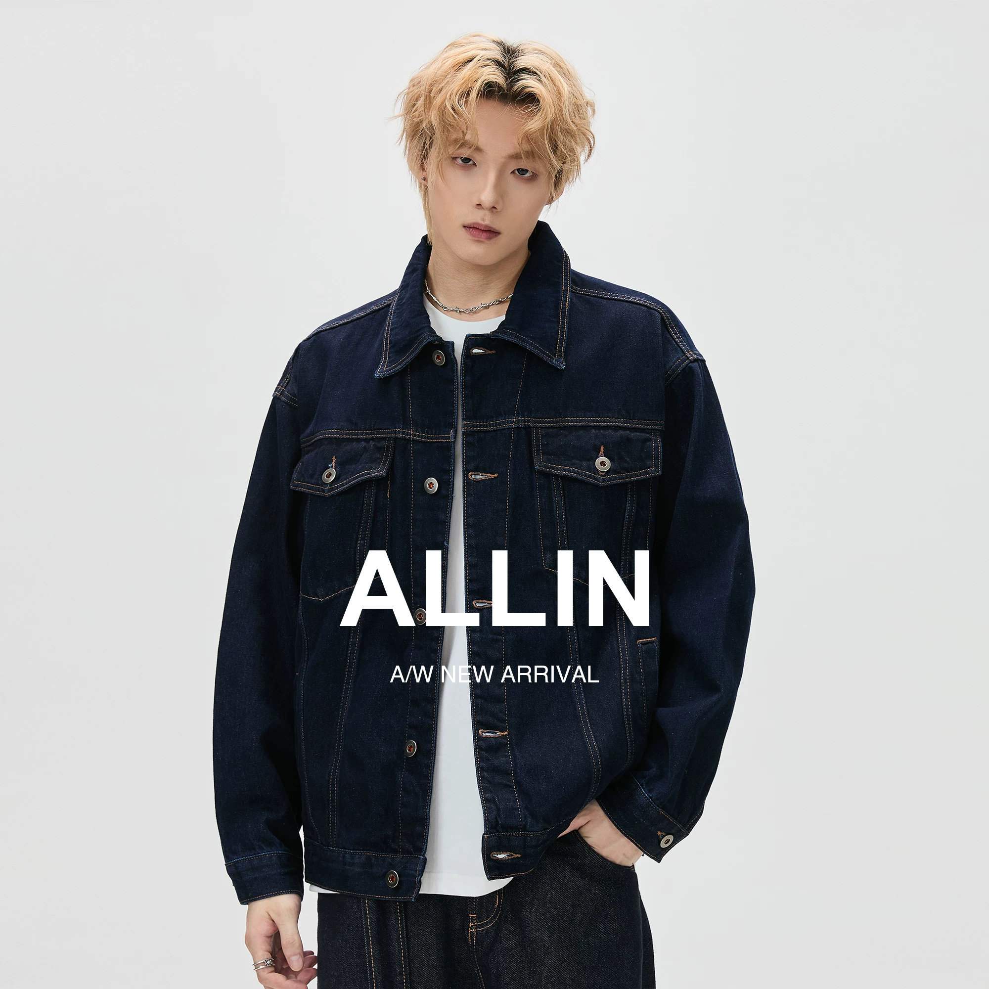 ALLIN 复古原牛深蓝色牛仔外套男春秋潮牌缉明线cleanfit翻领夹克