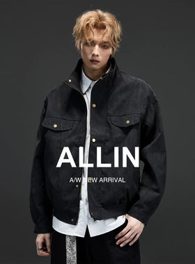 ALLIN 黑色座山蟒夹克男春秋季cleanfit短款立领美式通勤情侣外套