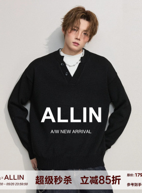 ALLIN 黑色假两件毛衣男春秋季保暖V领套头线衣情侣慵懒风针织衫