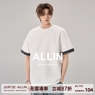 ALLIN 曼巴棉白色短袖T恤男生夏季袖口拼接体恤情侣260g重磅上衣