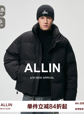 ALLIN 黑色立领羽绒服男冬季加厚保暖面包服情侣短款字母刺绣外套