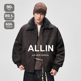 ALLIN 可拆卸毛领皮衣羽绒服男冬季防风保暖PU皮夹克情侣翻领外套