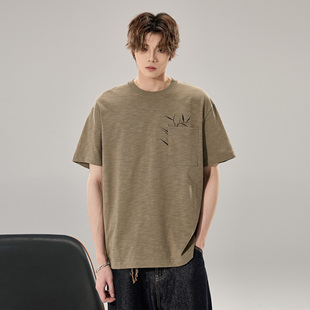 ALLIN 纯棉短袖T恤男款夏季潮牌竹节棉重磅复古刺绣圆领情侣上衣