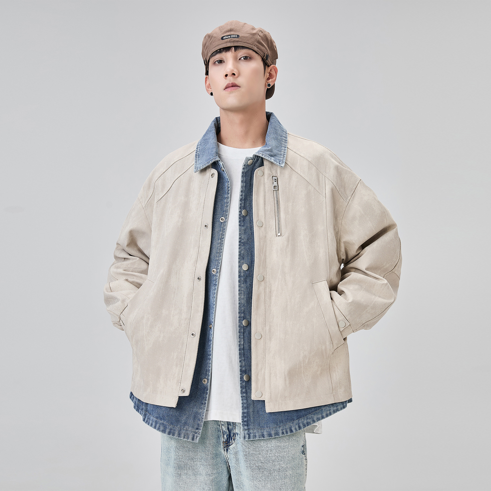 ALLIN 假两件牛仔拼接翻领外套男解构设计感cleanfit潮
