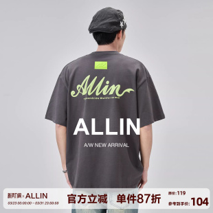 新款 t恤夏季 美式 潮牌男士 上衣 ALLIN 纯棉重磅情侣半截袖 男生短袖