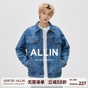 ALLIN 纯棉牛仔外套男春秋季潮牌宽松cleanfit翻领牛仔衣情侣夹克