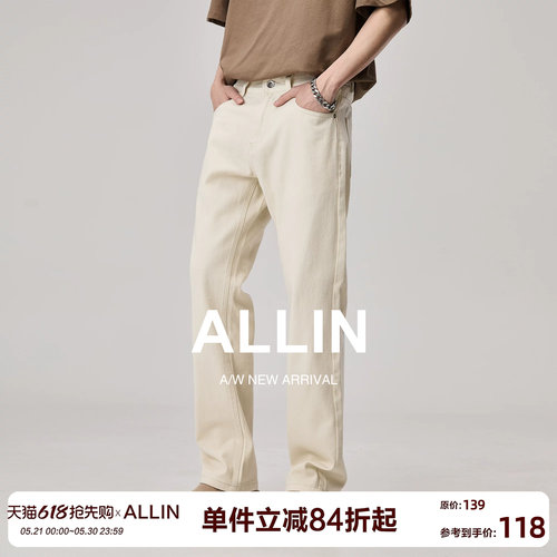 ALLIN 杏色休闲直筒牛仔裤男士夏季款美式复古高级感米白色长裤子