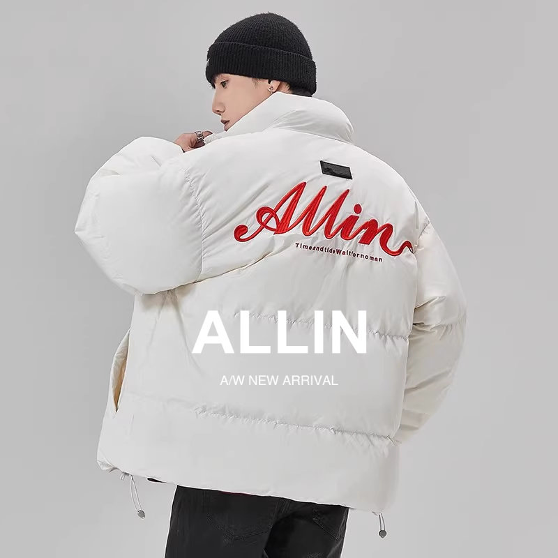 ALLIN 白色鸭绒羽绒服冬季男款品牌字母刺绣短款立领情侣潮牌外套