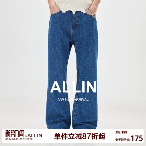 ALLIN 纯棉高街牛仔裤男夏季美式复古水洗宽松直筒阔腿休闲长裤子