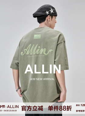 ALLIN 重磅圆领短袖t恤男夏季字母立体印花纯棉情侣水洗半袖上衣