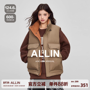 保暖防寒背心短款 羽绒服立领马甲女冬季 情侣大口袋外套 工装 ALLIN