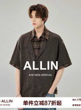 ALLIN 假两件仿兔毛针织短袖衬衫男女夏季透气格子纹翻领拼接衬衣