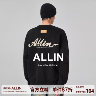 ALLIN 潮牌上衣 黑色重磅卫衣男春秋字母印花无帽圆领打底情侣美式