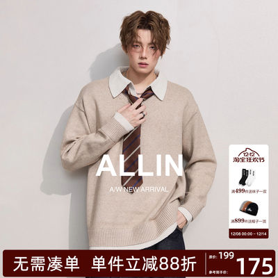ALLIN 假两件polo翻领拼接毛衣男秋冬季情侣慵懒老钱风V领针织衫