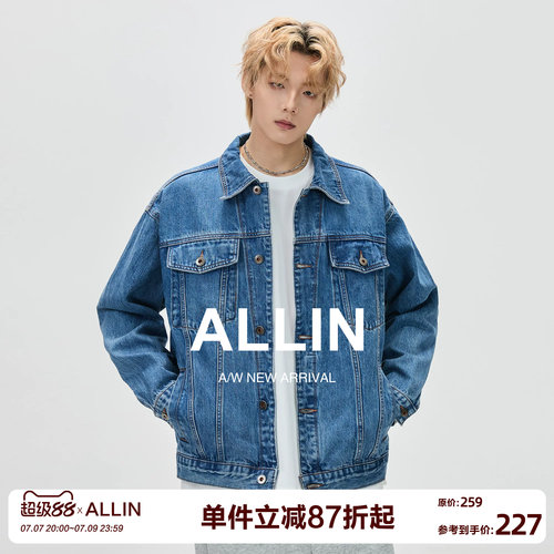 ALLIN 纯棉牛仔外套男春秋季潮牌宽松cleanfit翻领牛仔衣情侣夹克