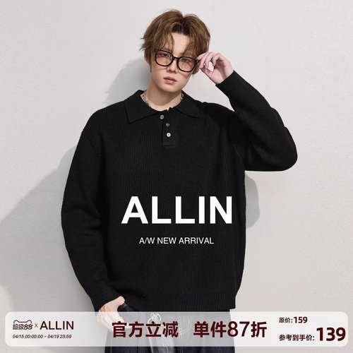 ALLIN 黑色POLO翻领毛衣男春秋季情侣慵懒半纽扣通勤含羊毛针织衫