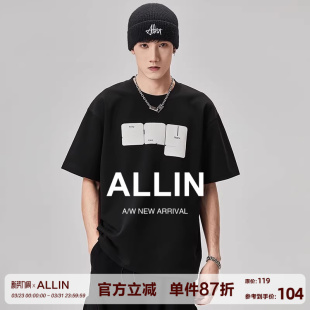 体恤美式 ALLIN 潮牌半袖 t恤男夏季 休闲情侣宽松上衣 重磅黑色短袖
