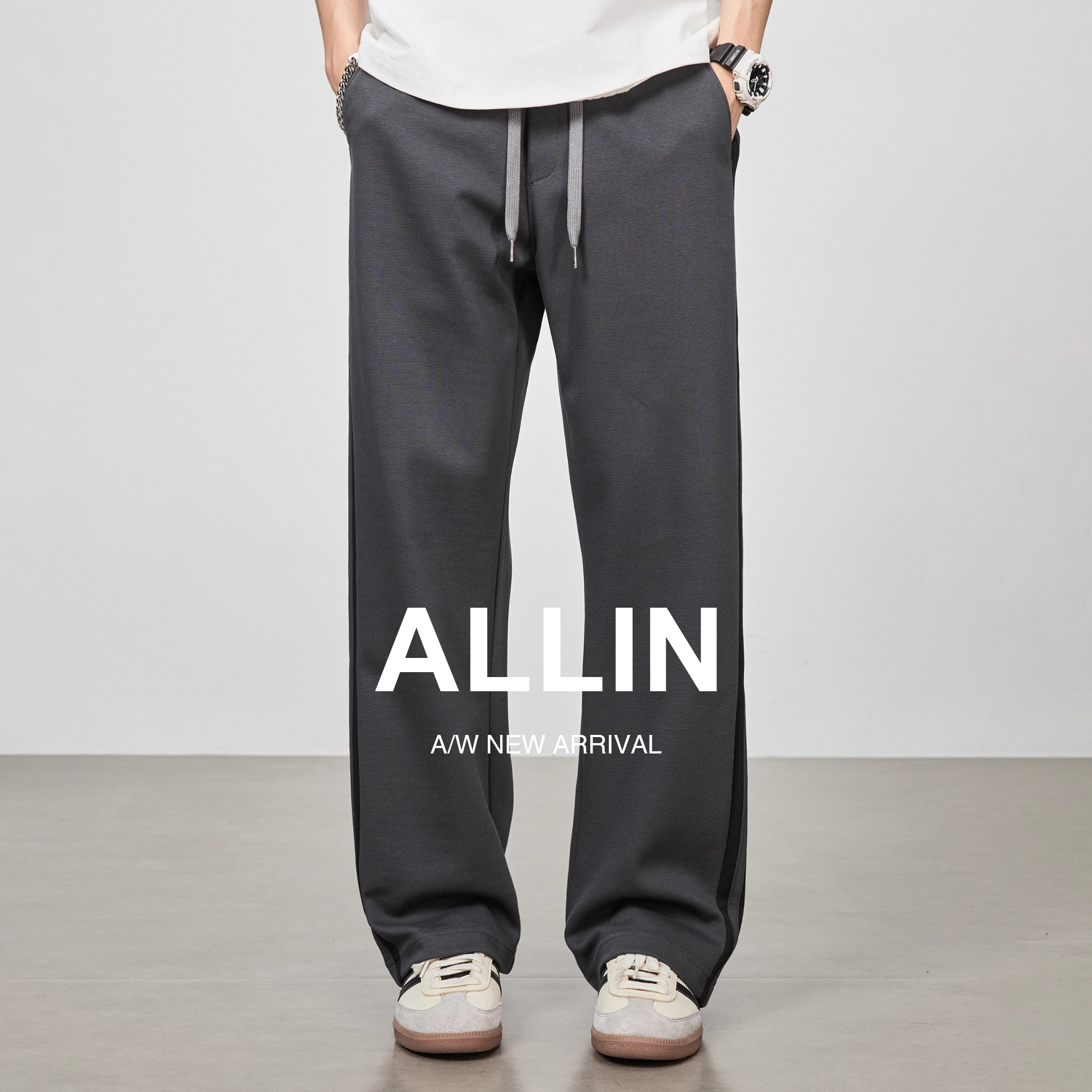 ALLIN 灰色抽绳休闲裤男秋季垂感运动宽松阔腿卫裤直筒微喇长裤子