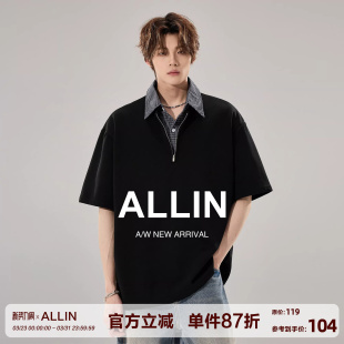 领拼接polo衫 ALLIN 半拉链衬衫 T恤男夏季 情侣上衣 黑色假两件短袖