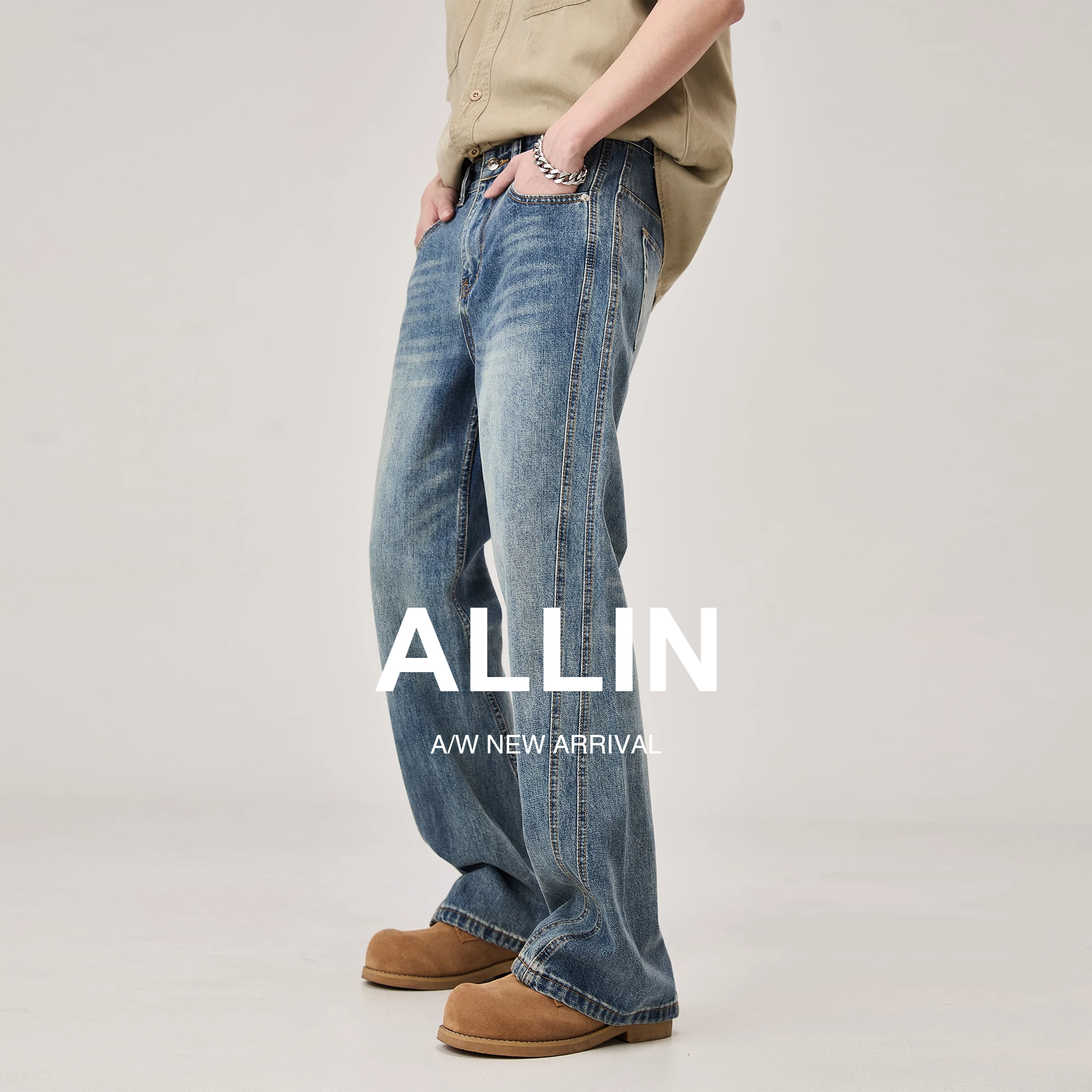 ALLIN 窄版修身微喇牛仔裤男夏季美式高街水洗合体直筒喇叭长裤子