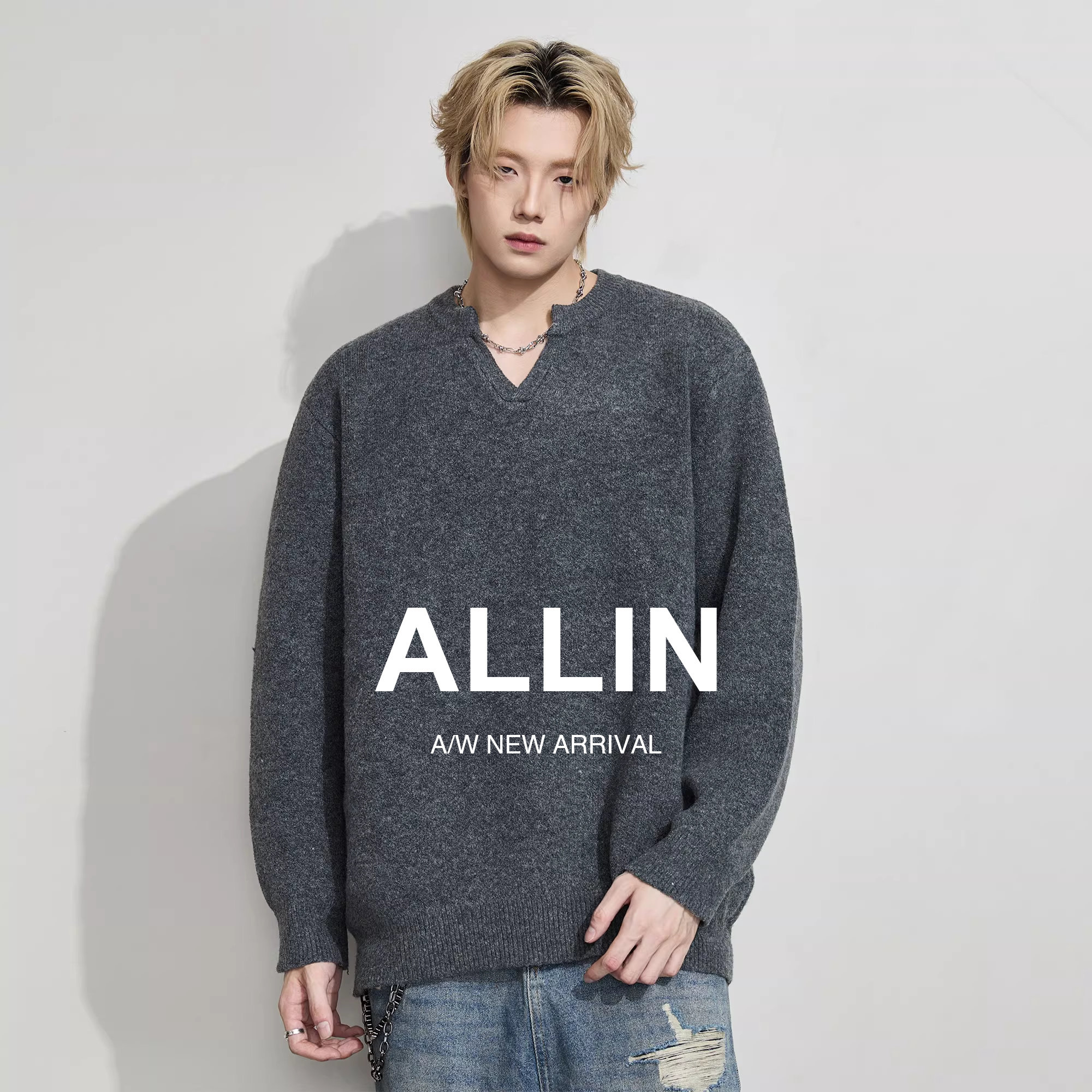 ALLIN V领套头毛衣男春秋季宽松慵懒风含绵羊毛针织上衣情侣外