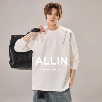 ALLIN 白色辑明线长袖T恤男春秋圆领套头百搭打底衫情侣潮牌上衣
