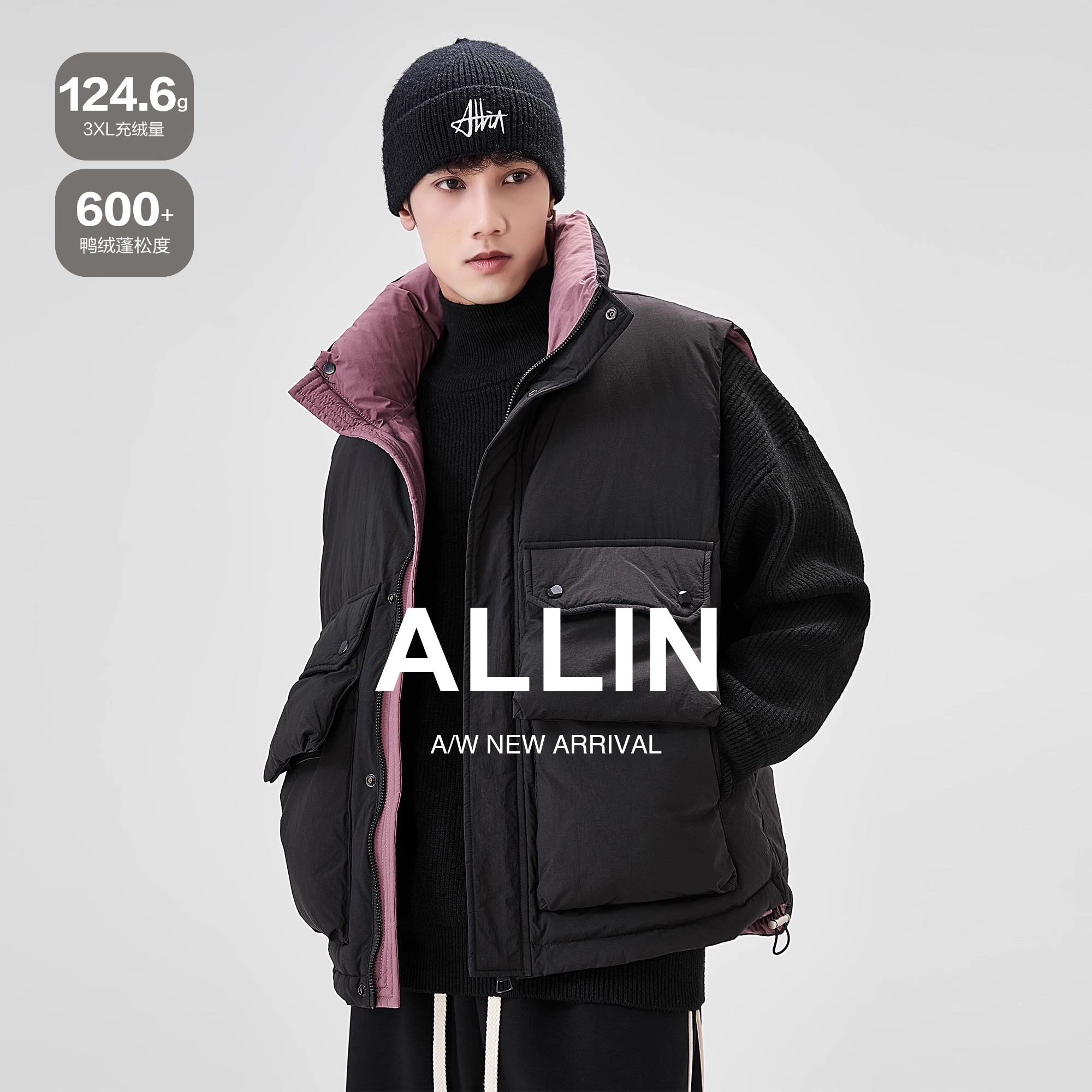 ALLIN 黑色羽绒服马甲男冬季短款立领多口袋鸭绒加厚情侣工装外套