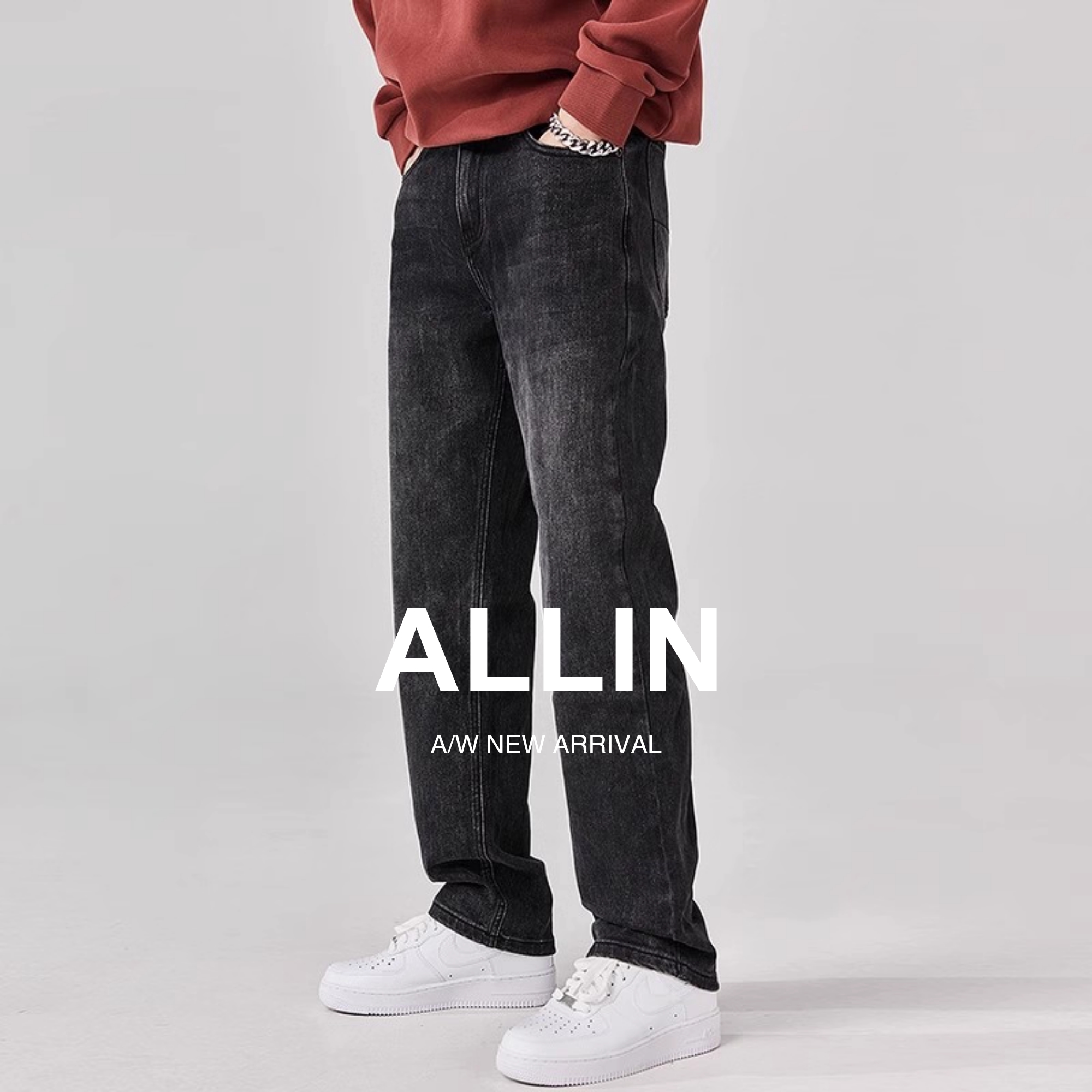 ALLIN美式高街直筒微喇牛仔裤