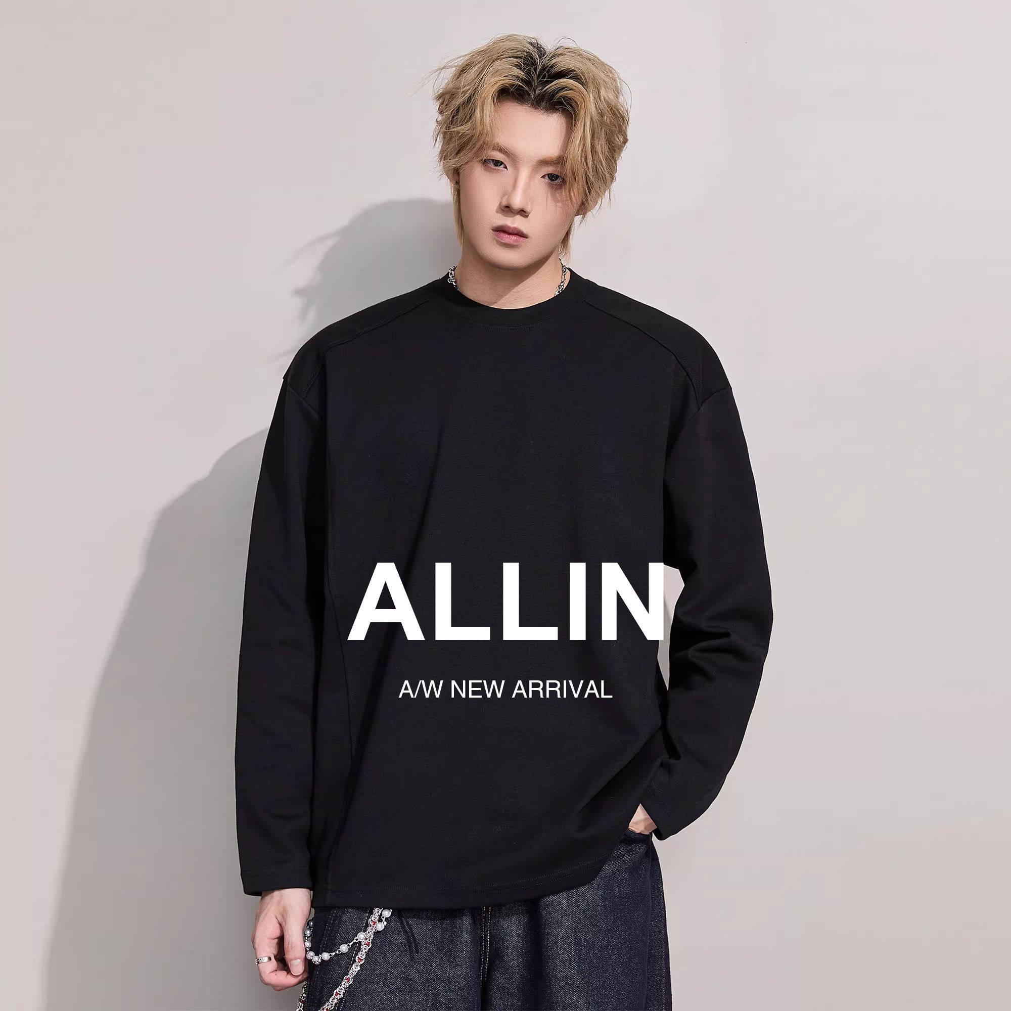 ALLIN 黑色重磅长袖T恤男秋冬宽松百搭打底衫纯色插肩袖内搭上