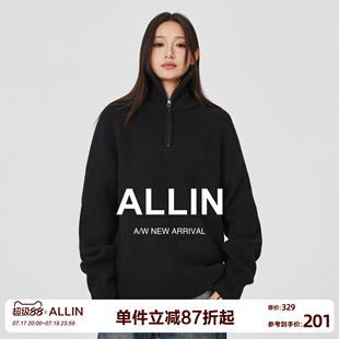 ALLIN 半拉链高领毛衣男女春秋款加厚保暖内搭黑色打底毛线针织衫