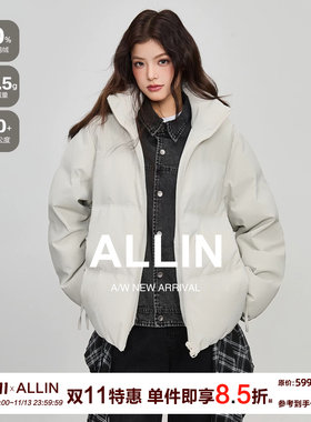 ALLIN 假两件牛仔拼接羽绒服女生冬季短款保暖面包服情侣立领外套