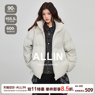 ALLIN 假两件牛仔拼接羽绒服女生冬季短款保暖面包服情侣立领外套