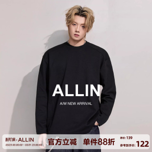 纯色插肩袖 T恤男秋冬宽松百搭打底衫 内搭上衣 黑色重磅长袖 ALLIN