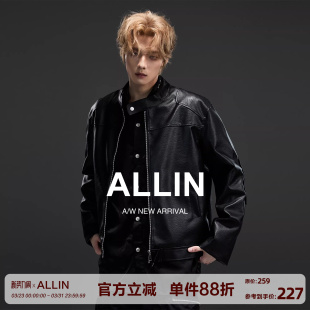 机车皮衣男春秋潮牌宽松痞帅立领PU皮夹克情侣外套 短款 ALLIN 美式