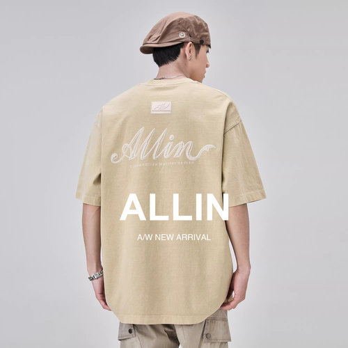 ALLIN 纯棉品牌原创LOGO字母印花短袖T恤男夏季情侣重磅半袖上衣