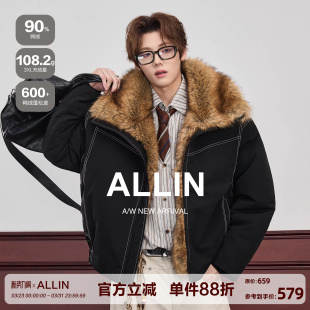 情侣加厚保暖防寒外套 羽绒服男冬季 ALLIN 黑色座山雕夹克毛领短款