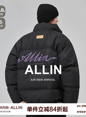 ALLIN 黑色刺绣羽绒服男士冬季美式潮牌防寒保暖短款立领情侣外套