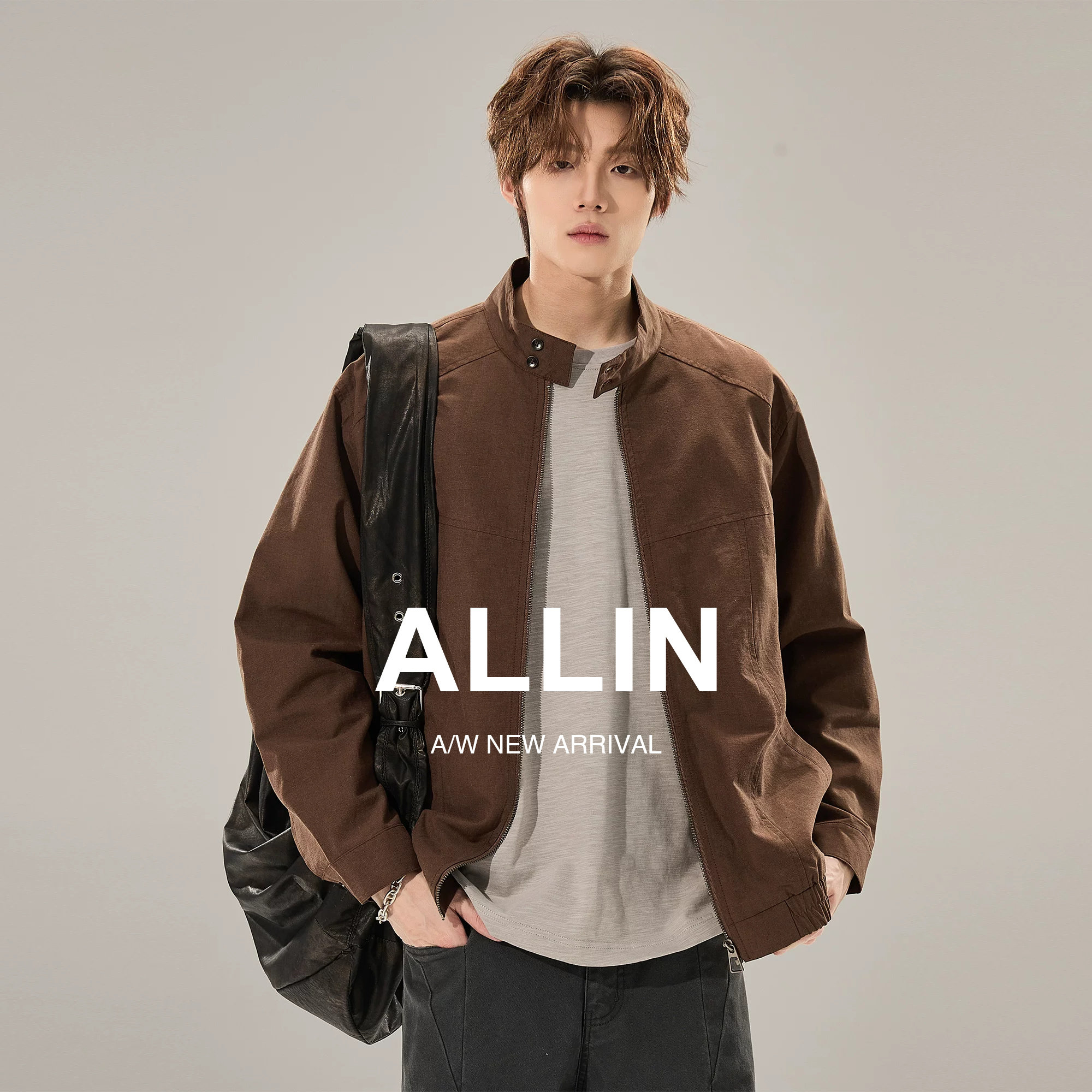 ALLIN 莱赛尔哈灵顿立领夹克男春秋cleanfit解构拼接休闲情侣外套